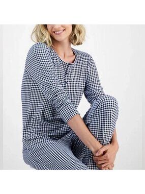 Charter Club Women's Gingham Check Two-Piece Pajama Set, Blue, Size Large NWT
